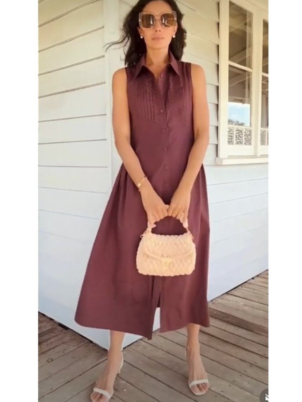 Maye Corinne Shirtdress - LARGE Midi sleeveless cotton shirt dress PLUM